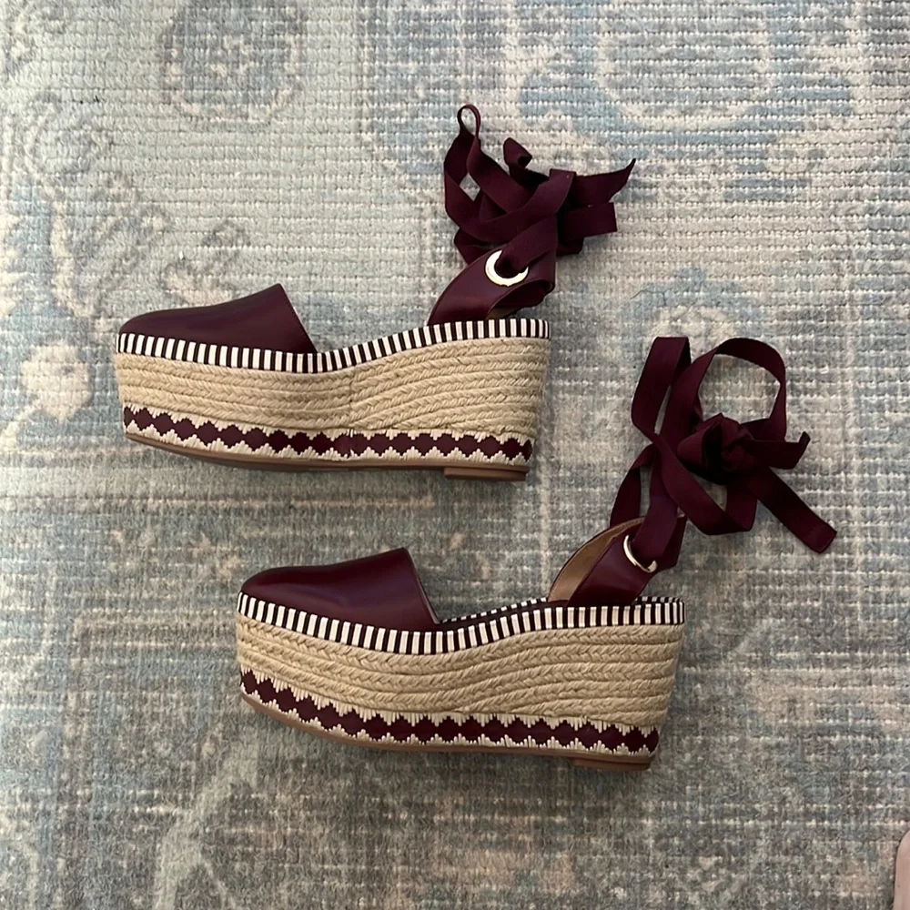 TORY BURCH Dandy Burgundy Leather Espadrille Platform Shoe - Picture 3 of 6